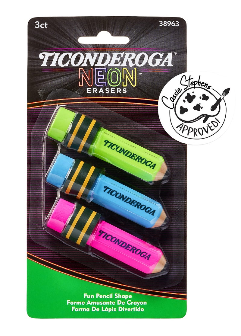 Ticonderoga Pencil Shaped Erasers, Neon Colors, 3 Count - Image 1